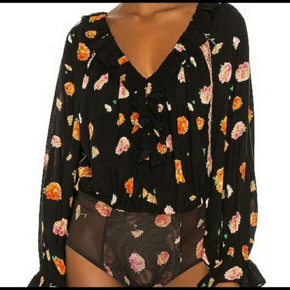 New Free People Black Poppy Printed  blouse size M - Picture 5 of 9